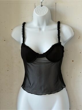 Edikted Mercy Sheer Black Ruffle -Trimmed Mesh Camisole Bra Top Tank
